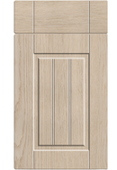 Wooden cabinet door with a vertical panel design on a white background