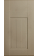 Beige cabinet door with a vertical panel design on a white background