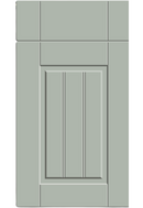 Light gray cabinet door with a vertical panel design on a white background