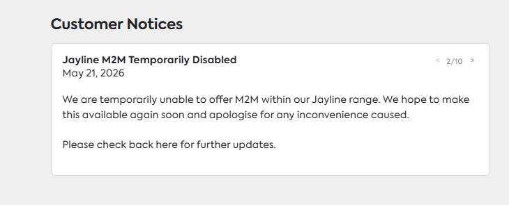 Jayline M2M Temporarily Disabled