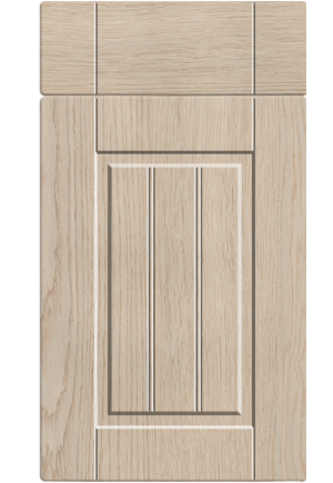 Wooden cabinet door with a vertical panel design on a white background