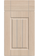 Wooden cabinet door with a beveled glass panel on a white background
