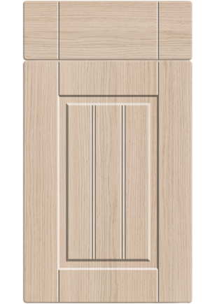 Wooden cabinet door with a beveled glass panel on a white background