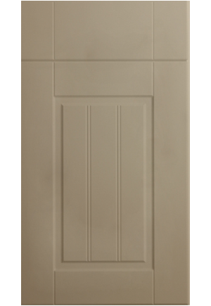 Beige cabinet door with a vertical panel design on a white background