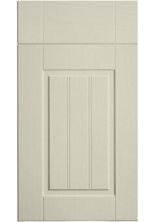 Beige cabinet door with a vertical panel design on a white background