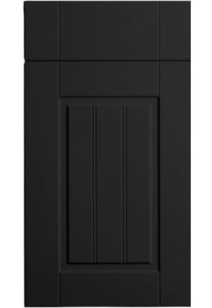 Black cabinet door with a rectangular panel on a white background