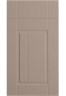 Brown cabinet door with a vertical panel design on a white background