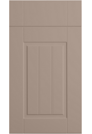 Brown cabinet door with a vertical panel design on a white background