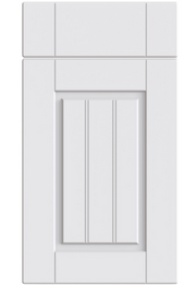 White cabinet door with a vertical panel design on a white background