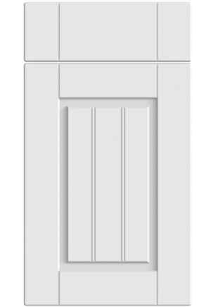 White cabinet door with a vertical panel design on a white background