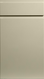 A supermatt alabaster color kitchen cabinet door with a J-Pull handle design.