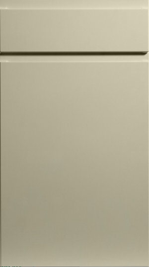 A supermatt alabaster color kitchen cabinet door with a J-Pull handle design.