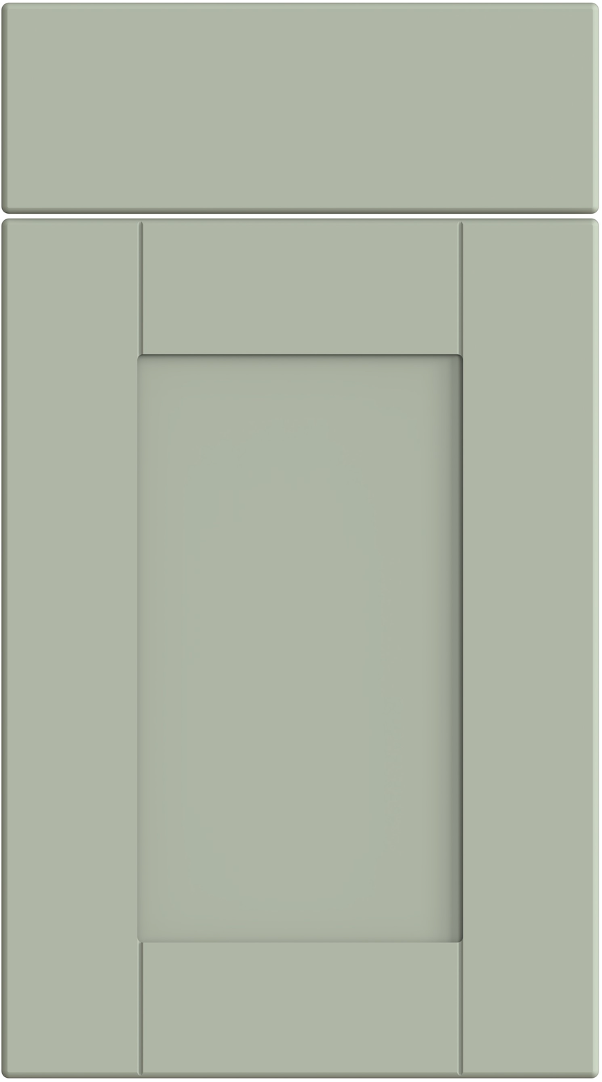 A matt sage green classic shaker style cabinet door with a simple design featuring a central panel flanked by two narrower panels, all set within a rectangular frame.