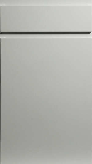 A close-up image of a satin white kitchen cabinet door with a J-Pull handleless design.