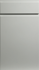 A close-up image of a satin white kitchen cabinet door with a J-Pull handleless design.