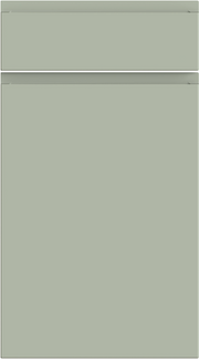 A single matte sage green cabinet door with a horizontal handle groove.