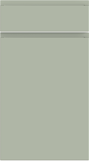 A single matte sage green cabinet door with a horizontal handle groove.