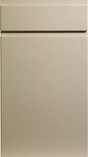 A close-up image of a matt ivory kitchen cabinet door with a smooth finish and a horizontal handle groove.