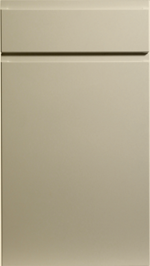 A close-up image of a matt ivory kitchen cabinet door with a smooth finish and a horizontal handle groove.