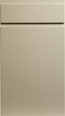 A close-up image of a matt ivory kitchen cabinet door with a smooth finish and a horizontal handle groove.