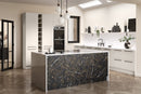 Black Mustang Nero Modern kitchen with marble island and white cabinets