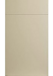 Beige cabinet door with a visible brand logo on a white background