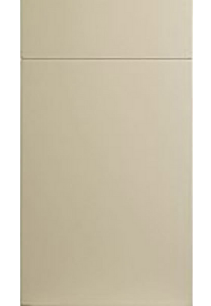 Beige cabinet door with a visible brand logo on a white background