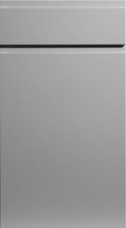 A matte dove grey cabinet door with a simple, sleek design featuring a horizontal handle groove.