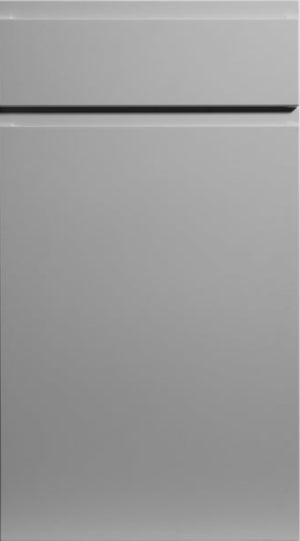 A matte dove grey cabinet door with a simple, sleek design featuring a horizontal handle groove.