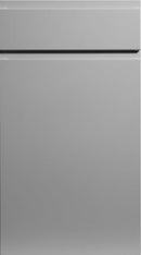 A matte dove grey cabinet door with a simple, sleek design featuring a horizontal handle groove.