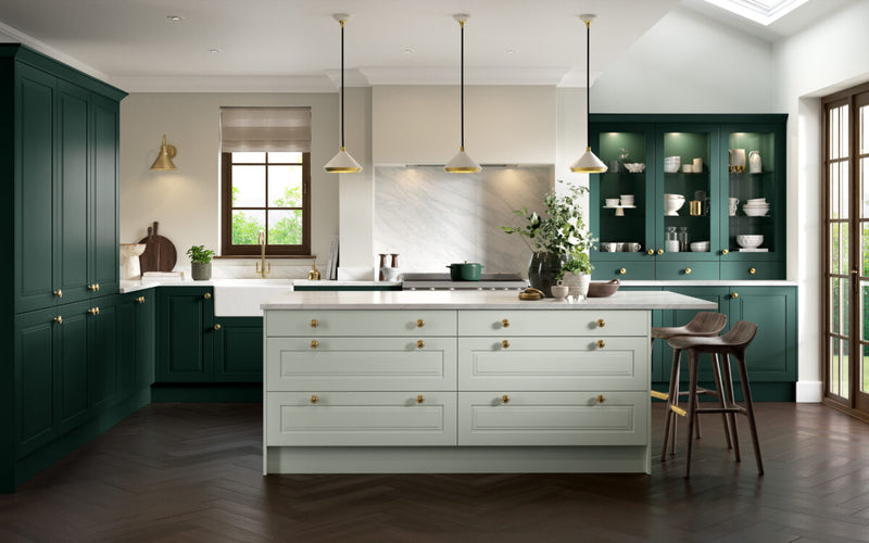 Bella Paris kitchen door in Matt Pistachio Green and Supermatt Fir Green finish