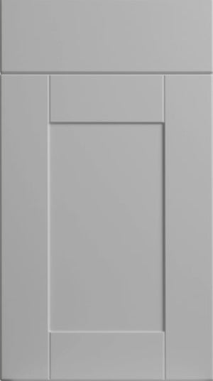 A matte dove grey classic shaker style cabinet door with a square panel design.