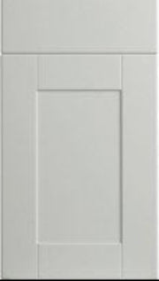 A satin white classic shaker style cabinet door with a simple design featuring a central panel flanked by two side panels, all set within a thin frame.