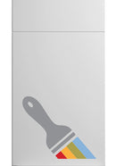 A white door with a paintbrush design in gray, blue, and red on the lower right corner.