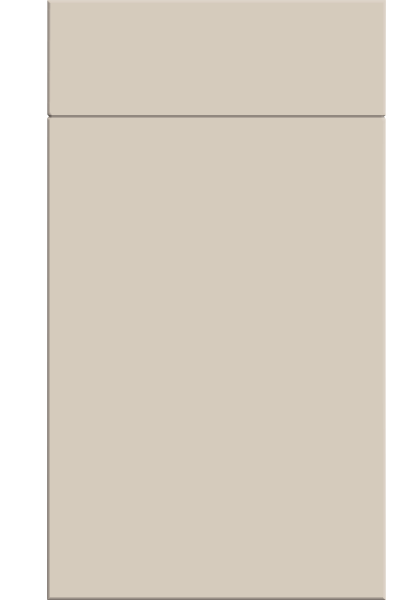 A supermatt taupe grey flat slab cabinet door.