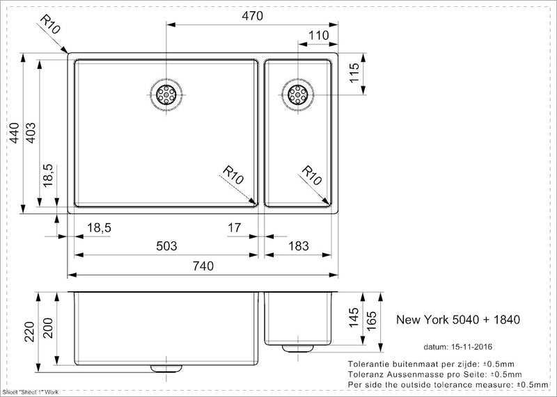 Reginox | New York 50 x 40 + 18 x 40 | Stainless Steel | 1.5 Bowl Sink