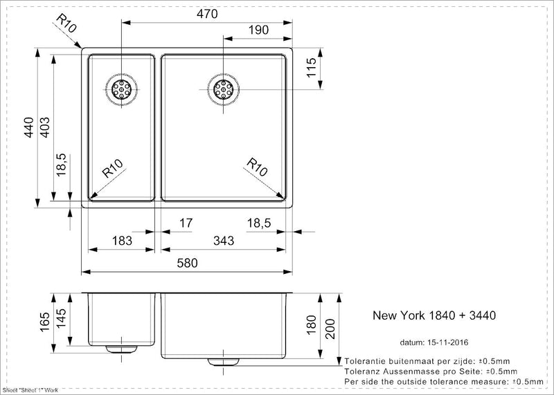Reginox | New York 18 x 40 + 34 x 40 | Stainless Steel | 1.5 Bowl Sink