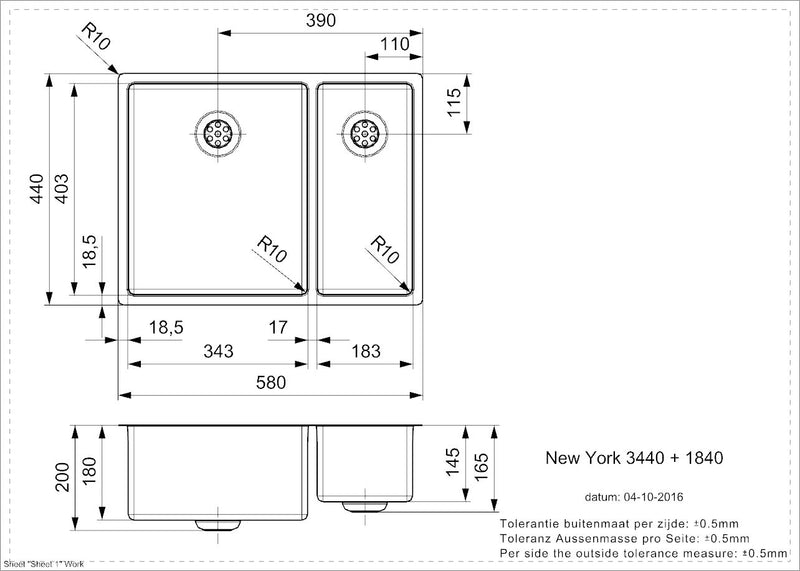 Reginox | New York 34 x 40 + 18 x 40 | Stainless Steel | 1.5 Bowl Sink