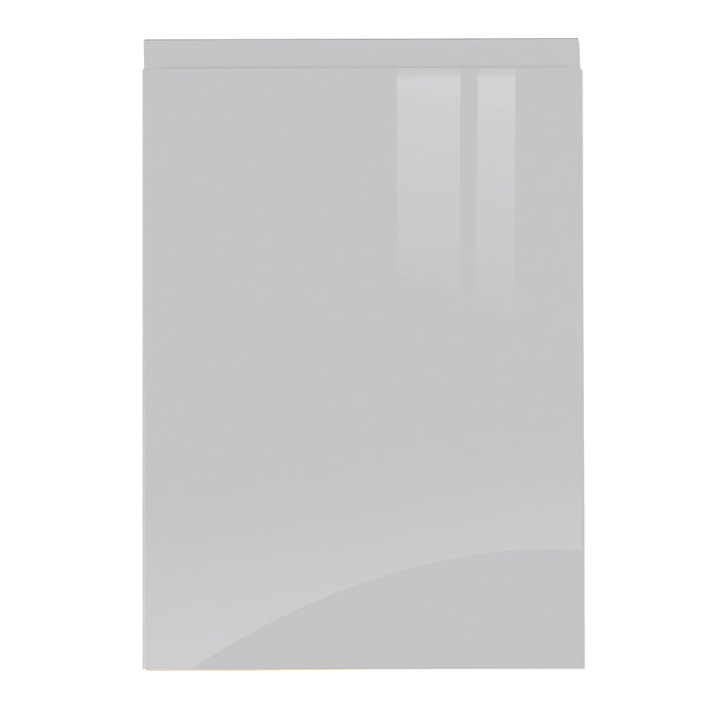 A sample door from Jayline with a Supergloss Light Grey finish, showing a handleless design and a continuous laminate on the top edge, face, and bottom edge of the door.