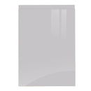 A sample door from Jayline with a Supergloss Light Grey finish, showing a handleless design and a continuous laminate on the top edge, face, and bottom edge of the door.