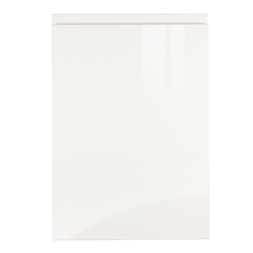 A white supergloss kitchen door with a J-Pull handle.